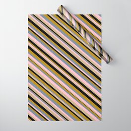 [ Thumbnail: Vibrant Light Slate Gray, Pink, Tan, Black, and Dark Goldenrod Colored Lined Pattern Wrapping Paper ]
