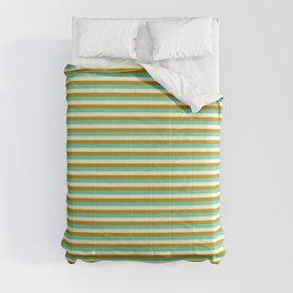 [ Thumbnail: Light Yellow, Dark Goldenrod & Aquamarine Colored Striped Pattern Comforter ]