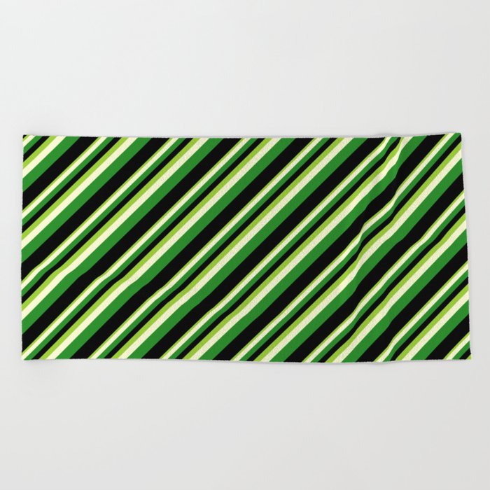 Green, Light Yellow, Forest Green & Black Colored Stripes Pattern Beach Towel