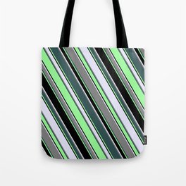 [ Thumbnail: Eye-catching Lavender, Grey, Dark Slate Gray, Green & Black Colored Pattern of Stripes Tote Bag ]