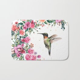 Hummingbird and Flowers Watercolor Animals Bath Mat | Children, Illustration, Ruby Throated, Watercolor, Pattern, Digital, Ink, Hummingbird, Flowers, Floral 