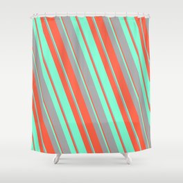 [ Thumbnail: Red, Aquamarine, and Dark Grey Colored Lined/Striped Pattern Shower Curtain ]
