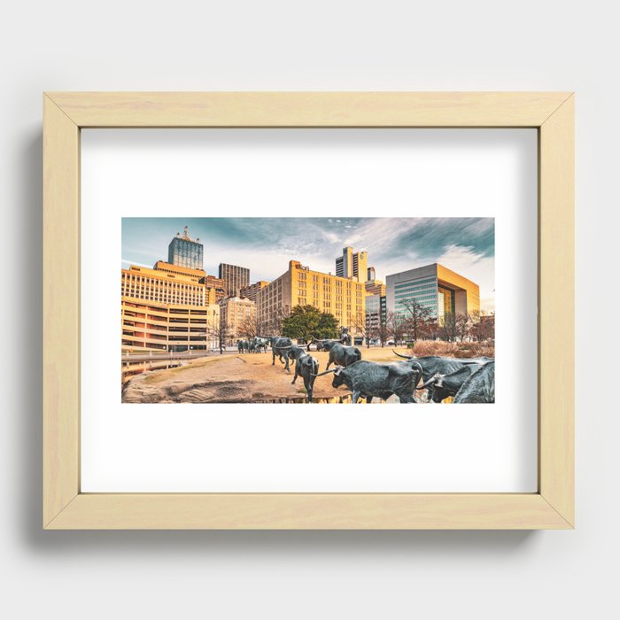 Dallas Texas Skyline And Longhorn Cattle Drive Crossing Panorama Recessed Framed Print