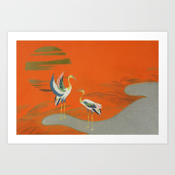 Japanese Woodblock art Birds at sunset on the lake Kamisaka Sekka Art Print