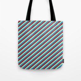 [ Thumbnail: Aquamarine, Blue & Red Colored Lined/Striped Pattern Tote Bag ]