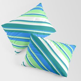 [ Thumbnail: Dark Cyan, Blue, Green & White Colored Striped Pattern Pillow Sham ]