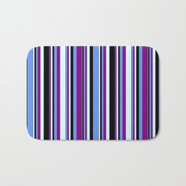 [ Thumbnail: Cornflower Blue, Purple, Light Cyan, and Black Colored Stripes Pattern Bath Mat ]