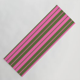 [ Thumbnail: Hot Pink and Dark Olive Green Colored Lined Pattern Yoga Mat ]