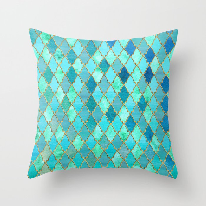 Aqua Teal Mint and Gold Oriental Moroccan Tile pattern Throw Pillow