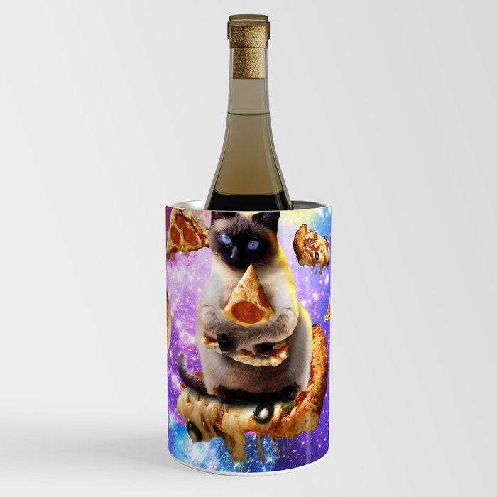 Space Siamese Cat Eating Pizza In Rainbow Galaxy Wine Chiller