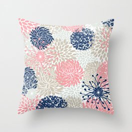 Floral Mixed Blooms, Blush Pink, Navy Blue, Gray, Beige Throw Pillow