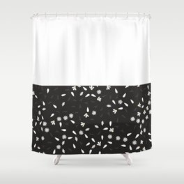 White Chamomile Leaves on Horizontal White and Meteorite Black Split  Shower Curtain