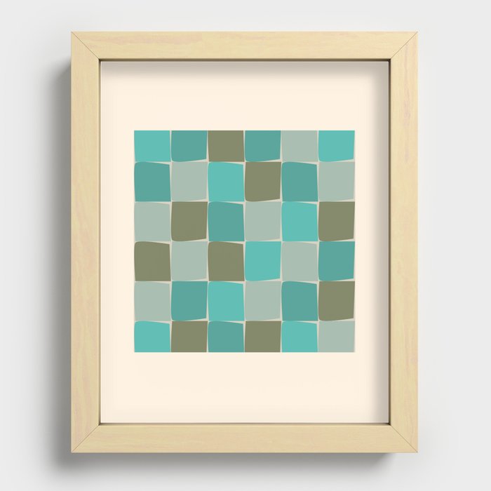 Flux Midcentury Modern Check Grid Pattern in Vintage Olive Green and Turquoise Teal Recessed Framed Print