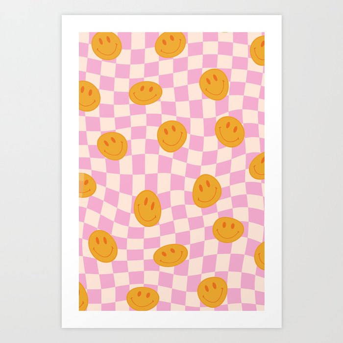 Groovy Smiley Faces on Pastel Pink Twisted Checkerboard Art Print