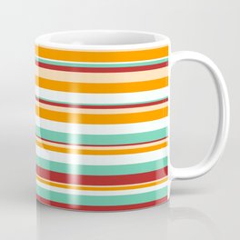 [ Thumbnail: Eye-catching Mint Cream, Aquamarine, Red, Tan & Dark Orange Colored Striped Pattern Coffee Mug ]
