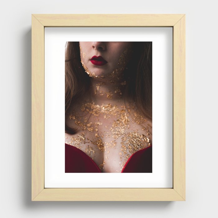 beautiful woman with red lipstick and gold foil chest | Digital Fine Art Photo Print | Portrait Photograph Recessed Framed Print
