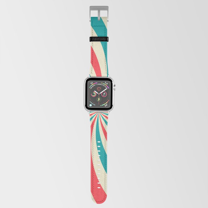 Retro background with curved, rays or stripes in the center. Rotating, spiral stripes. Sunburst or sun burst retro background. Turquoise and red colors. Vintage illustration Apple Watch Band