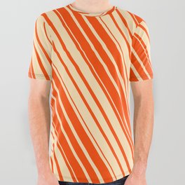 [ Thumbnail: Beige and Red Colored Striped Pattern All Over Graphic Tee ]