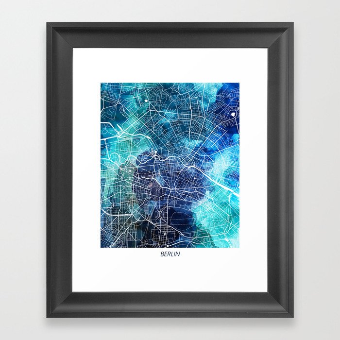 Berlin Germany Map Navy Blue Turquoise Watercolor Framed Art Print