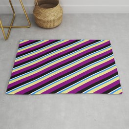 [ Thumbnail: Vibrant Blue, Tan, Purple, Black, and White Colored Pattern of Stripes Rug ]