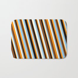 [ Thumbnail: Vibrant Brown, Light Sky Blue, Mint Cream, Dark Orange & Black Colored Stripes/Lines Pattern Bath Mat ]
