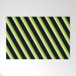 [ Thumbnail: Green, Pale Goldenrod, Black, and Forest Green Colored Pattern of Stripes Welcome Mat ]