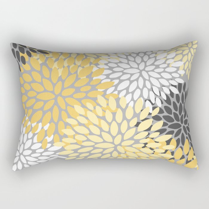 Floral Blooms, Gray, Charcoal, Yellow Rectangular Pillow