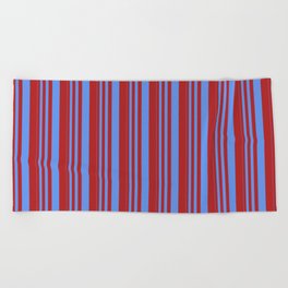[ Thumbnail: Cornflower Blue & Red Colored Lines/Stripes Pattern Beach Towel ]