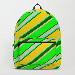 [ Thumbnail: Lime, Dark Green, Yellow & Powder Blue Colored Lines/Stripes Pattern Backpack ]