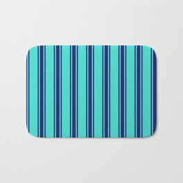 [ Thumbnail: Turquoise & Midnight Blue Colored Pattern of Stripes Bath Mat ]
