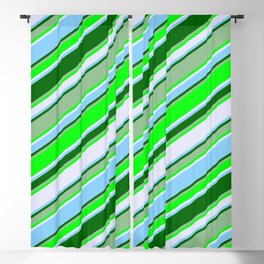 [ Thumbnail: Eye-catching Dark Sea Green, Lime, Lavender, Light Sky Blue, and Dark Green Colored Stripes Pattern Blackout Curtain ]