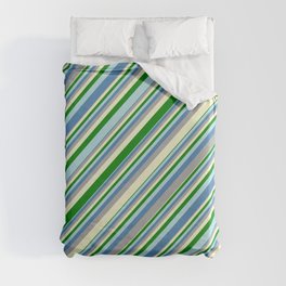 [ Thumbnail: Eye-catching Blue, Dark Gray, Light Yellow, Green, and Powder Blue Colored Lined Pattern Duvet Cover ]