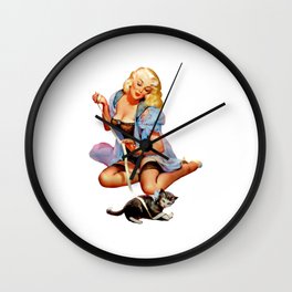 Sexy Blond Vintage Pinup Playing With a Cute Puppy Cat Wall Clock