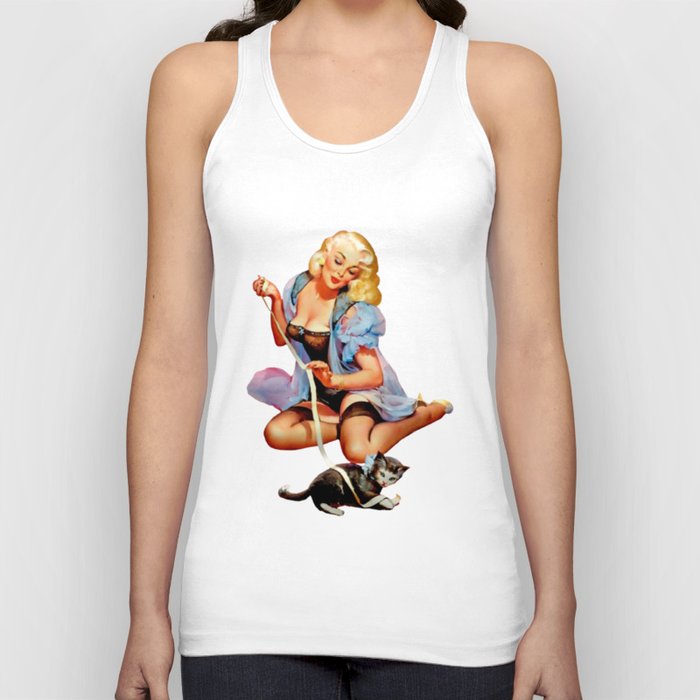 Sexy Blond Vintage Pinup Playing With a Cute Puppy Cat Tank Top