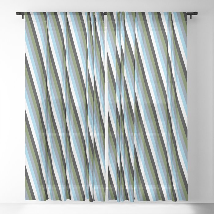 Dark Olive Green, Light Slate Gray, Sky Blue, White & Black Colored Lined/Striped Pattern Sheer Curtain