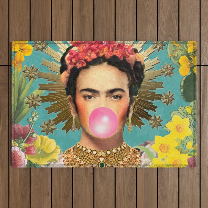Frida Kahlo Crown & Bubble Gum Outdoor Rug
