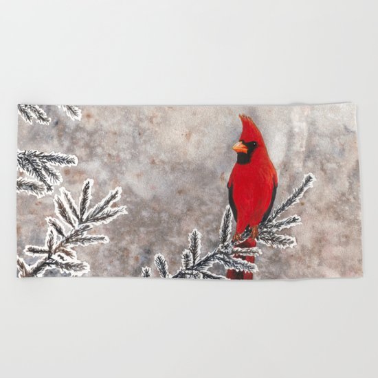 The Red Cardinal in winter Beach Towel