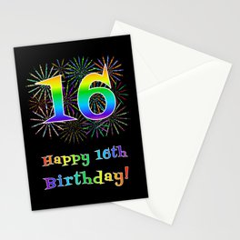 [ Thumbnail: 16th Birthday - Fun Rainbow Spectrum Gradient Pattern Text, Bursting Fireworks Inspired Background Stationery Cards ]