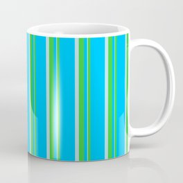 [ Thumbnail: Deep Sky Blue, Lime Green, and Powder Blue Colored Striped Pattern Coffee Mug ]