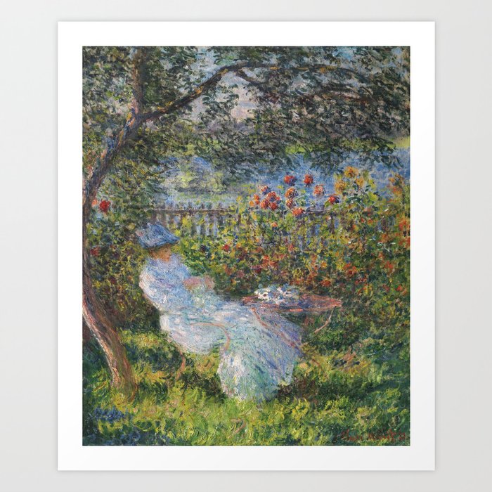 Claude Monet - Alice Hoschedé amid the seaside summer garden with roses and sunflowers still life French impressionist portrait painting (au jardin) Art Print