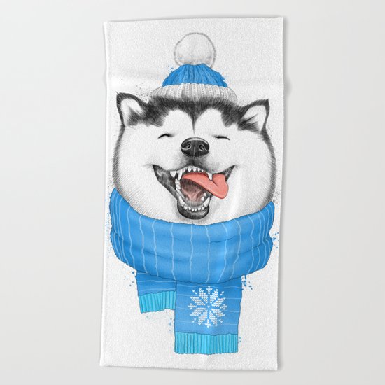 happy husky Beach Towel