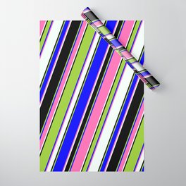 [ Thumbnail: Eye-catching Green, Blue, Hot Pink, Mint Cream & Black Colored Pattern of Stripes Wrapping Paper ]