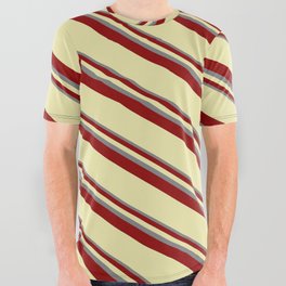 [ Thumbnail: Grey, Dark Red & Pale Goldenrod Colored Striped Pattern All Over Graphic Tee ]