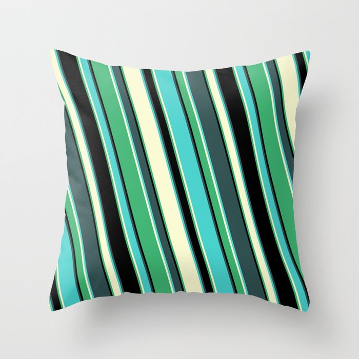 Colorful Dark Slate Gray, Turquoise, Light Yellow, Sea Green, and Black Colored Lined Pattern Throw Pillow