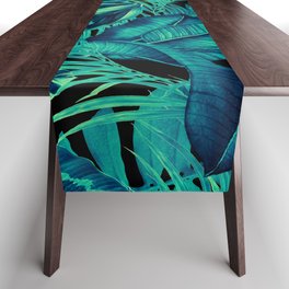 bright green on black luxury tropical leaves pattern Table Runner