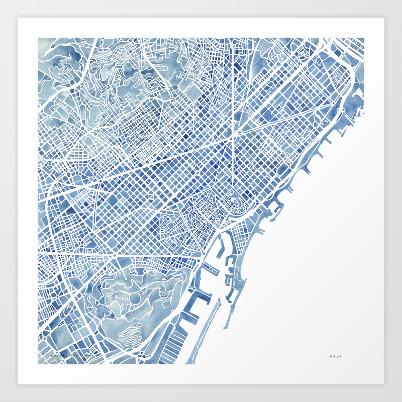 Barcelona Blueprint Watercolor City Map Art Print By Aemcdraw