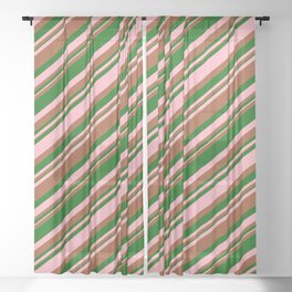 [ Thumbnail: Light Pink, Sienna, and Dark Green Colored Stripes Pattern Sheer Curtain ]