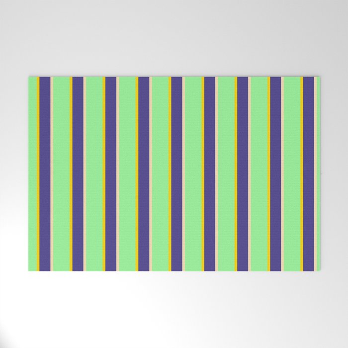 Green, Yellow, Dark Slate Blue & Beige Colored Stripes/Lines Pattern Welcome Mat