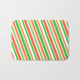 [ Thumbnail: Red, Tan, Lime Green, and White Colored Lined Pattern Bath Mat ]