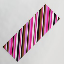 [ Thumbnail: Vibrant Brown, Violet, Deep Pink, White, and Black Colored Striped Pattern Yoga Mat ]
